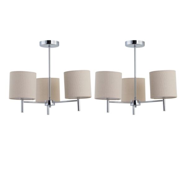 Set of 2 Brea - Chrome 3 Light Fittings with Natural Linen Shades