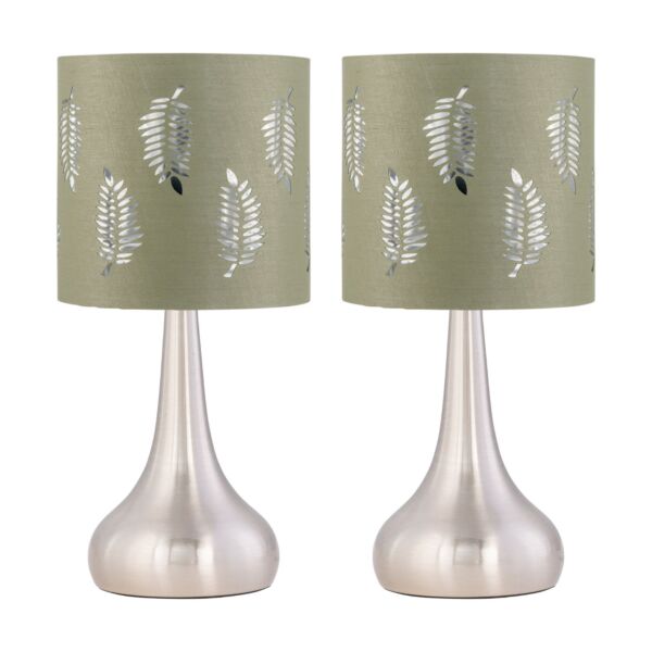 Set of 2 Romana - Brushed Chrome Touch Lamps with Sage Green Fern