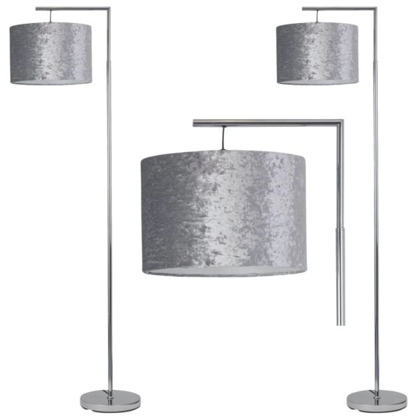 Set of 2 Chrome Angled Floor Lamps with Grey Crushed Velvet Shades