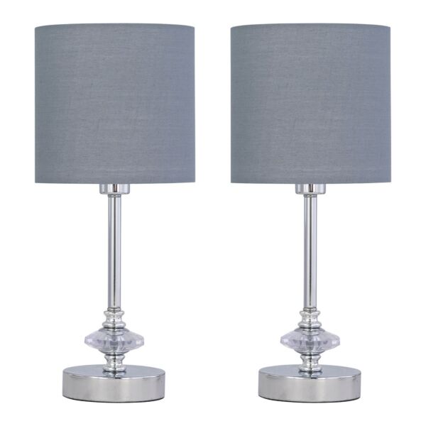 Set of 2 Chrome Jewelled Table Lamp with Grey Cotton Shades