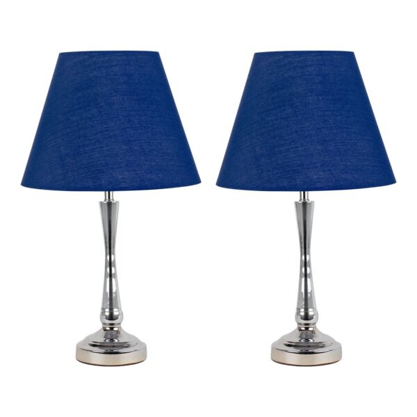 Set of 2 Chrome Table Lamps with Stem Detail and Navy Blue Shades