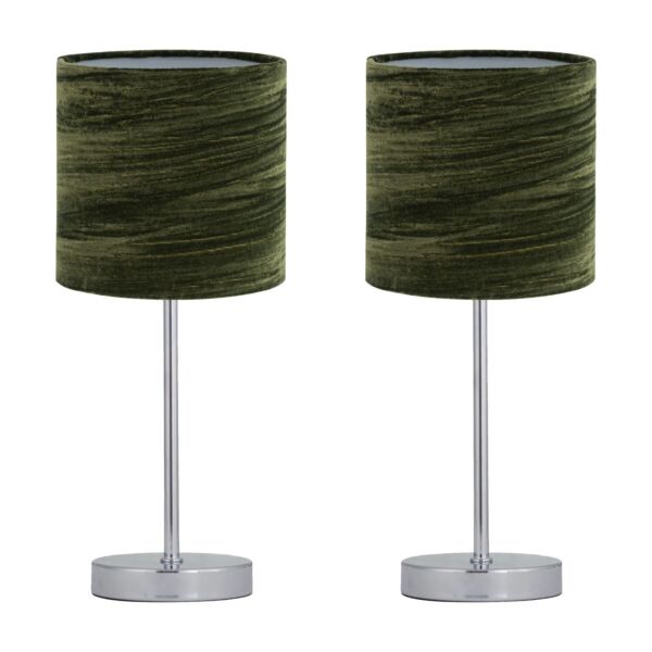 Set of 2 Chrome Stick Table Lamps with Green Crushed Velvet Shades