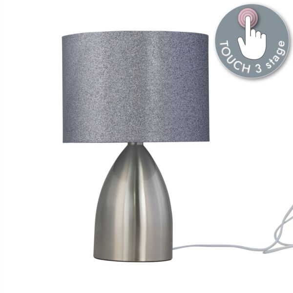 Valentina - Brushed Chrome Touch Lamp with Silver Glitter Shade