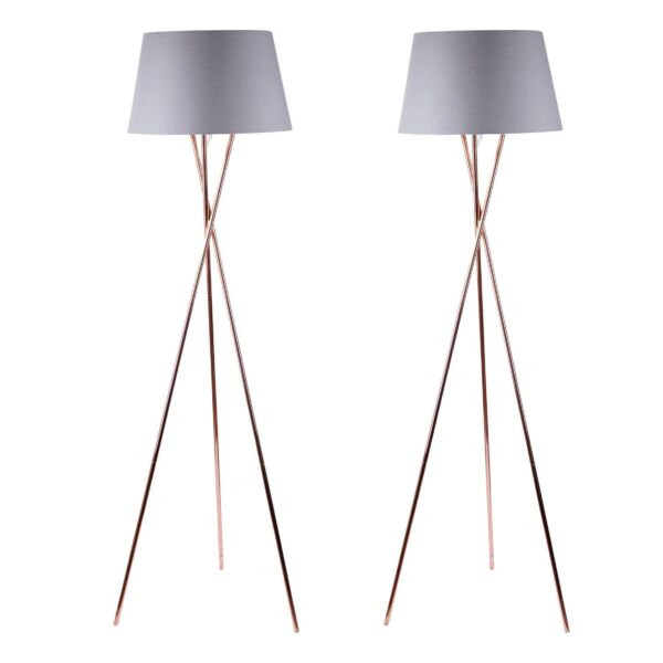 Pair Copper Tripod Floor Lamp with Grey Fabric Shade