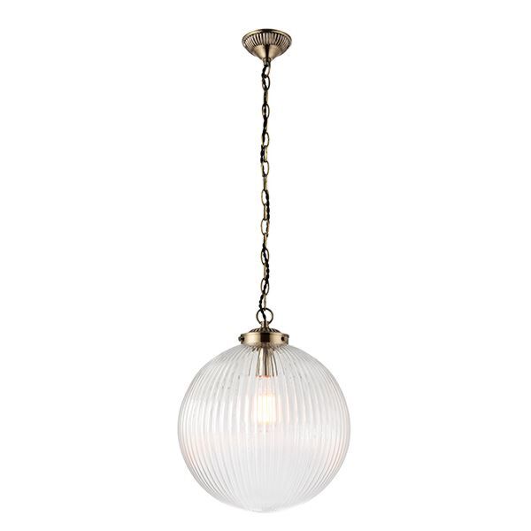 Endon Lighting - Brydon - 71124 - Antique Brass Clear Ribbed Glass Ceiling Pendant Light