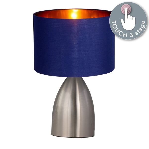 Valentina - Brushed Chrome Touch Lamp with Navy Blue Gold Shade