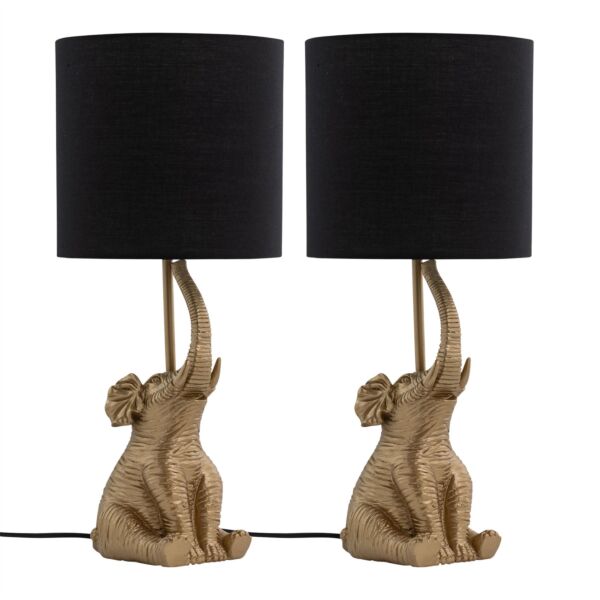 Set of 2 Elephant - Gold Resin Table Lamps With Black Fabric Shades