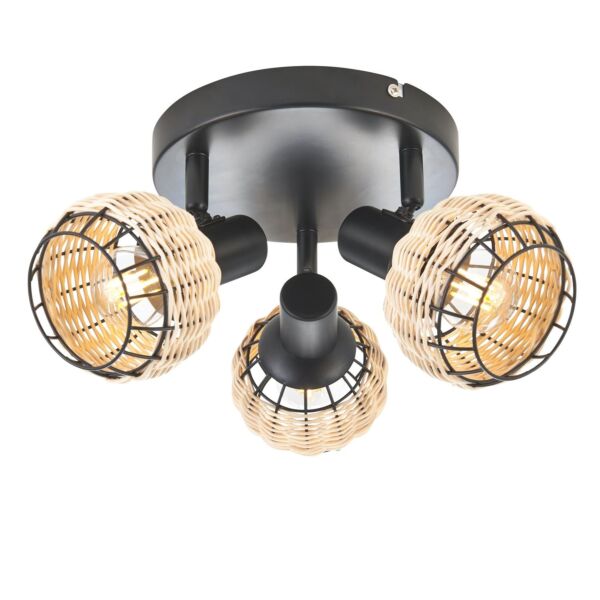 Goa - Black and Natural Rattan 3 Light Ceiling Spotlight Plate