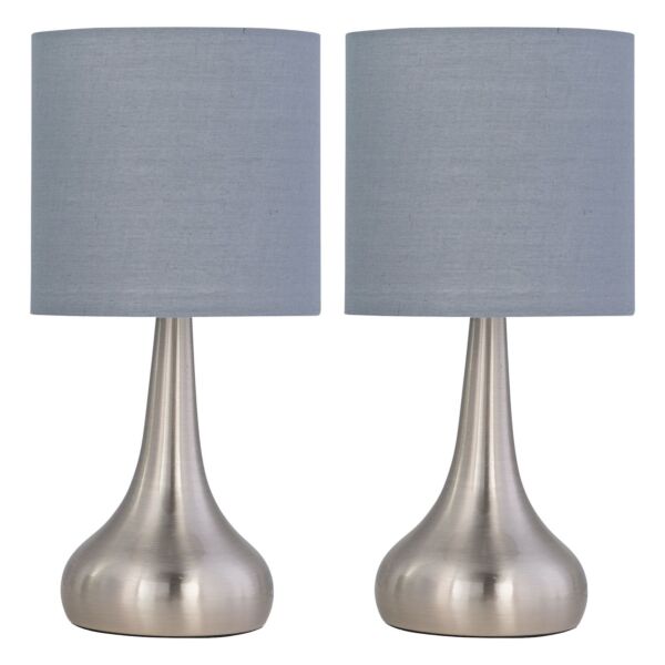 Set of 2 Romana - Brushed Chrome Touch Operated Table Lamps Bedside Lights Grey Cotton Shade