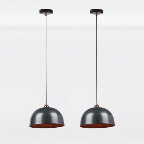 Pair of Industrial Nickel with Copper Detail Dome Pendants