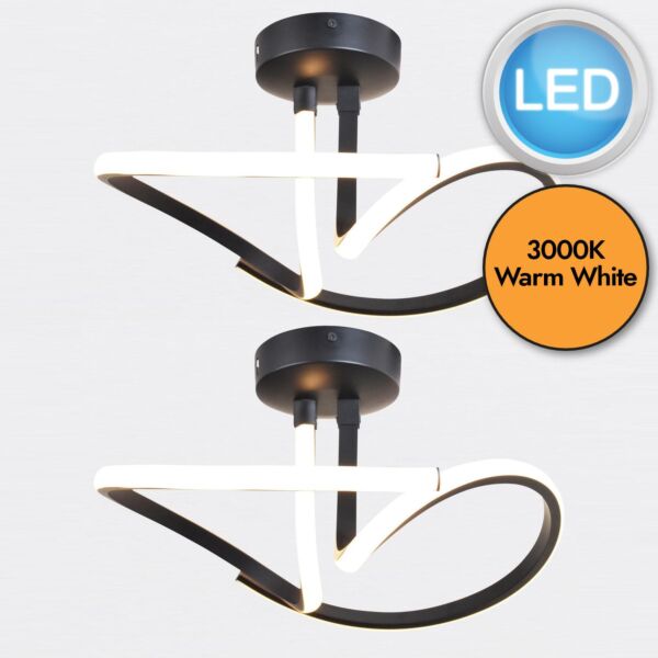 Set of 2 Matt Black LED Swirl Ceiling Lights