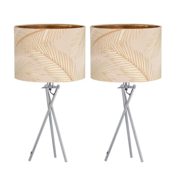 Set of 2 Tropica - Chrome Tripod Table Lamps with Champagne and Gold Leaf Embossed Shade