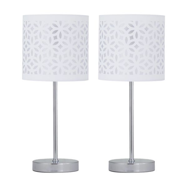 Set of 2 Chrome Stick Table Lamps with White Laser Cut Shades