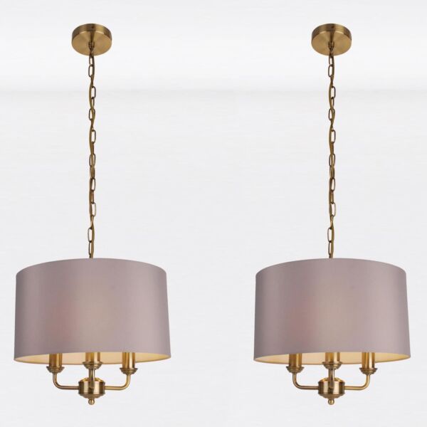 Pair of 3 Light Antique Brass Pendant Chandelier with Grey Fabric Shade