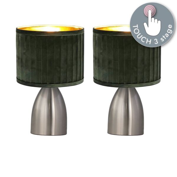 Set of 2 Valentina - Brushed Chrome Touch Lamps with Green Pleated Velvet Shades