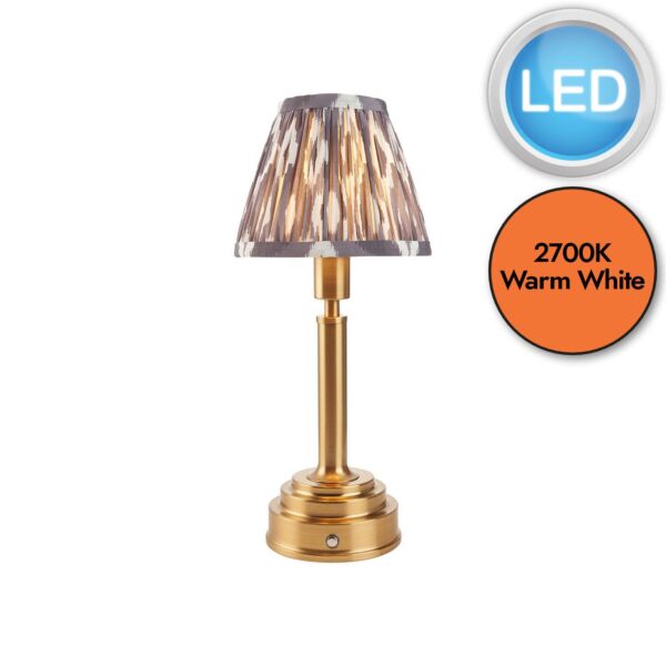 Endon Lighting - Upton Rechargeable & Ikat 16cm - 114885 - LED Aged Brass Grey Touch Table Lamp With Shade