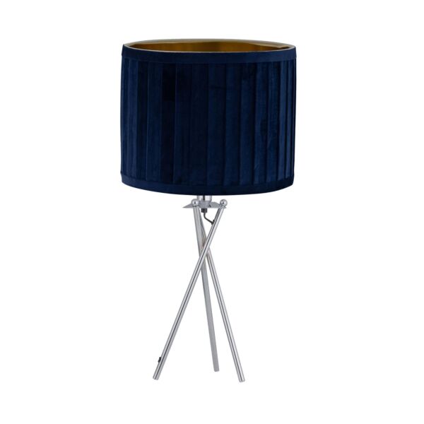 Sundance - Chrome Tripod Table Lamp with Navy Blue Pleated Velvet Shade