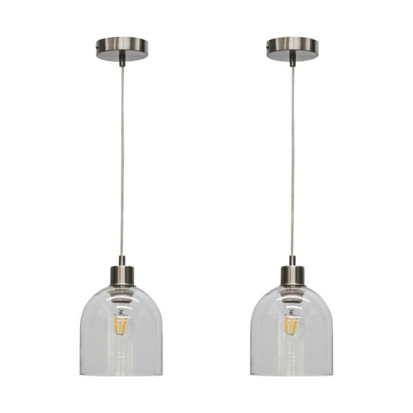 Set of 2 Belten - Clear Glass Cloche with Satin Nickel Pendant Fittings