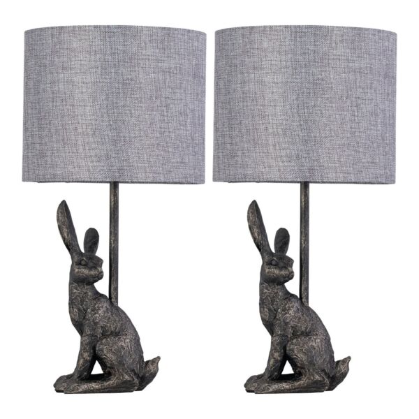 Set of 2 Henrietta - Antique Gold Rabbit Table Lamps With Grey Linen Shade