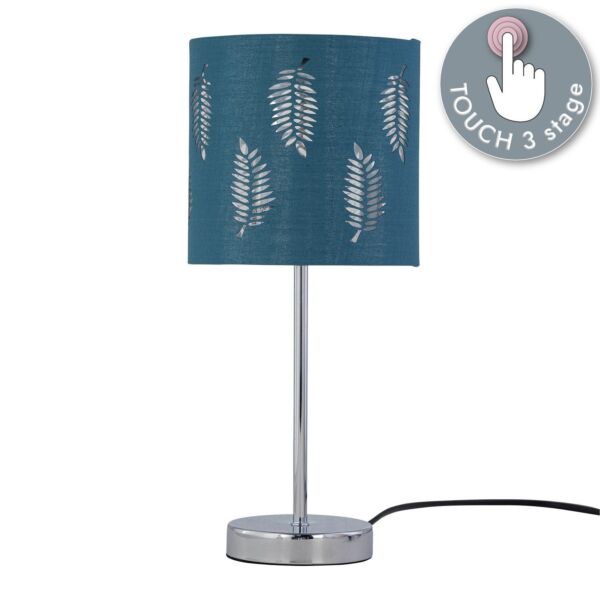 Chrome Touch Operated Table Lamp with Teal Fern Shade