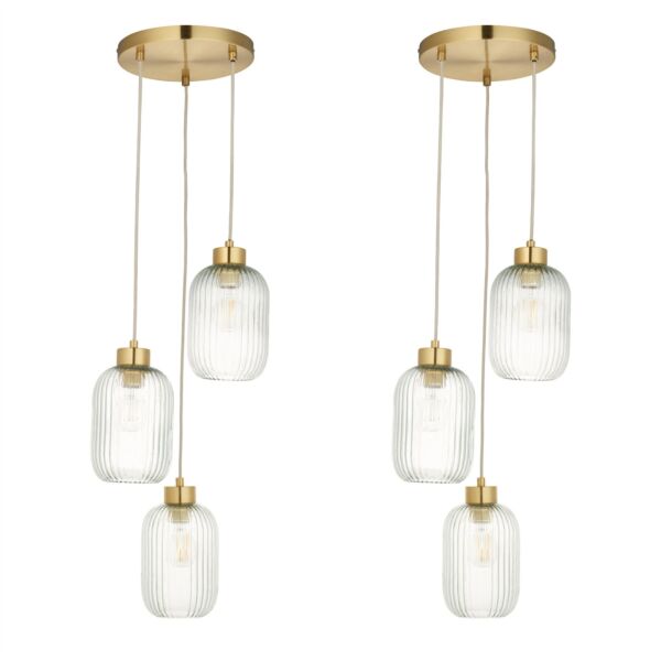 Set of 2 Lena - Ribbed Glass & Brushed Gold 3 Light Pendants