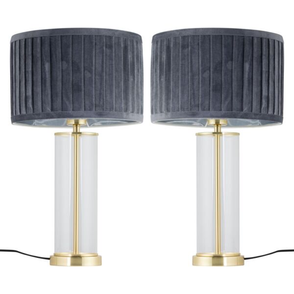 Set of 2 Aura - Satin Brass Lamps with Grey Pleated Velvet Shades