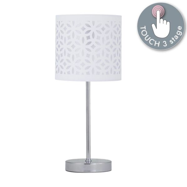 Chrome Touch Operated Table Lamp with White Cut Out Shade