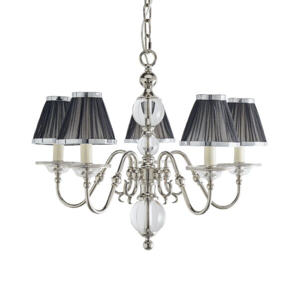 Interiors 1900 - Tilburg - 63718 - Nickel Clear Crystal Glass Black Pleated 5 Light Chandelier