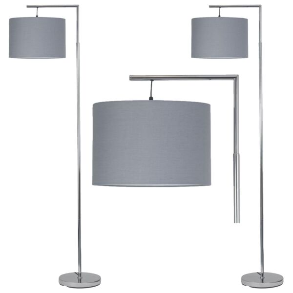 Set of 2 Chrome Angled Floor Lamps with Grey Cotton Shades