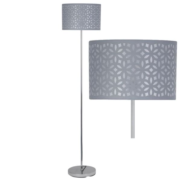 Chrome Stick Floor Lamp with Grey Laser Cut Shade