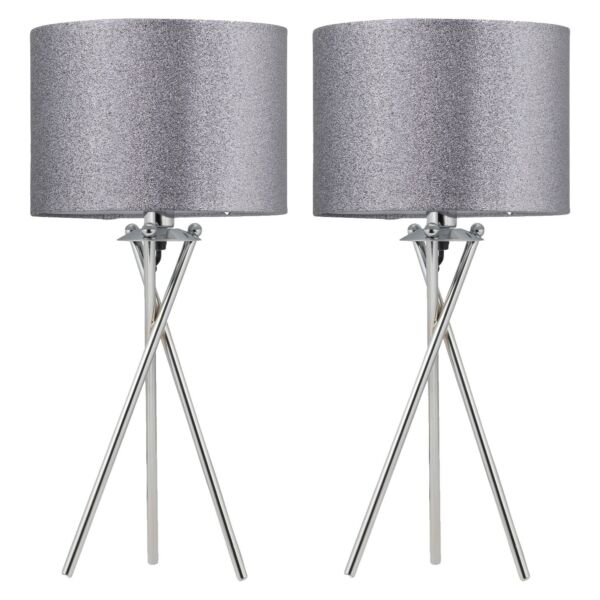 Set of 2 Chrome Tripod Table Lamps with Grey Glitter Shades