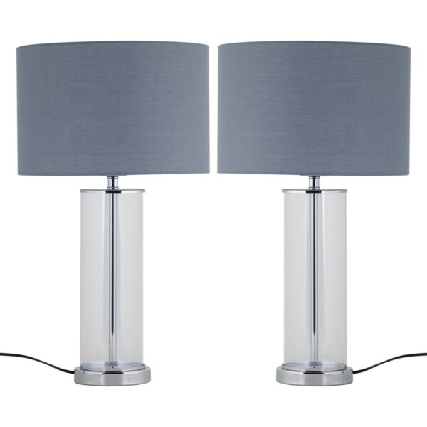 Set of 2 Aura - Chrome Table Lamps with Grey Cotton Shades