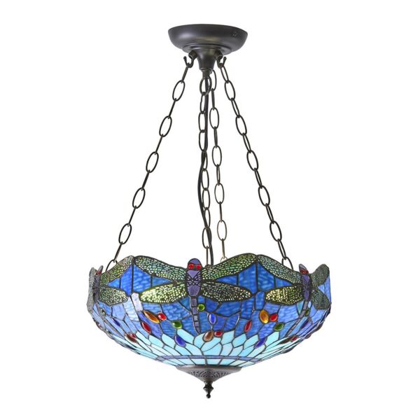 Interiors 1900 - Dragonfly - 64075 - Dark Bronze Tiffany Glass 3 Light Ceiling Pendant Light