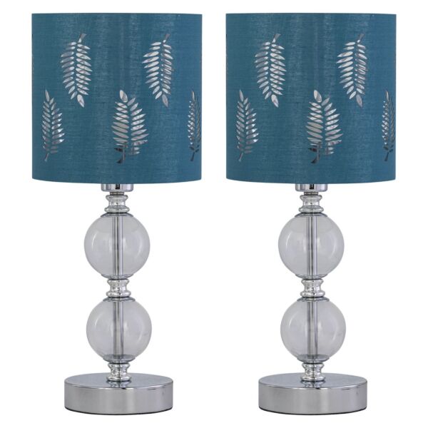 Set of 2 Chrome Two Ball Table Lamps with Teal Fern Shades