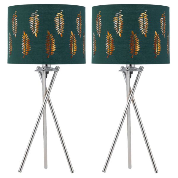 Set of 2 Tripod Table Lamps with Dark Green Fern Cut Out Shades