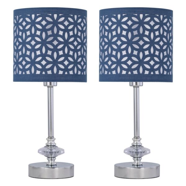 Set of 2 Chrome Jewelled Table Lamps with Navy Blue Cut Out Shades