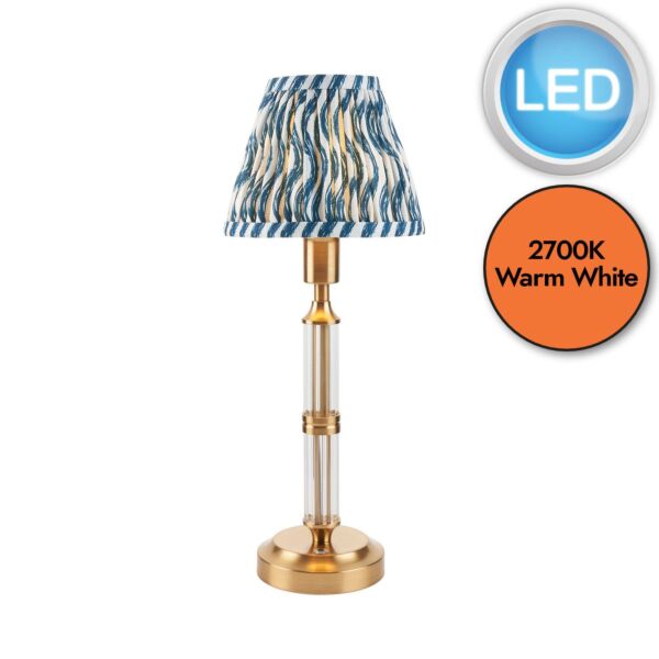 Endon Lighting - Morton Rechargeable & Ripple 16cm - 114834 - LED Aged Brass Blue Touch Table Lamp With Shade