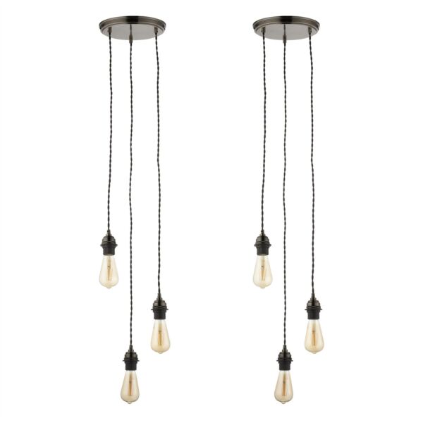 Set of 2 Brushed Bronze Vintage Braided Cable 3 Light Pendant Sets