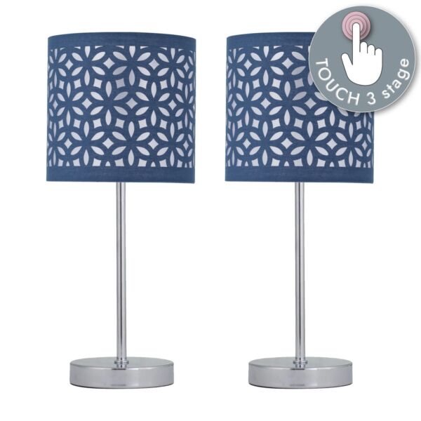 Set of 2 Chrome Touch Operated Table Lamps with Navy Blue Cut Out Shades