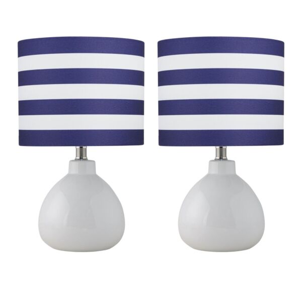 Set of 2 Tuscan - White Ceramic Lamps with White & Blue Striped Shade