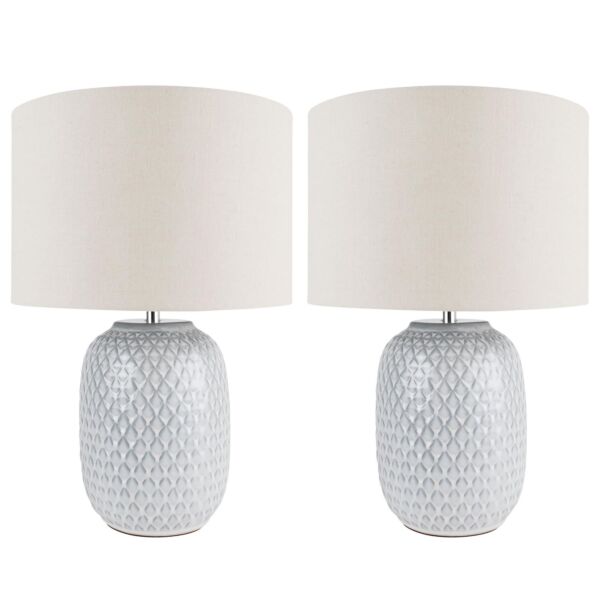 Set of 2 Reactive Glazed Textured Grey Ceramic Table Light with Natural Linen Cylinder Fabric Shade