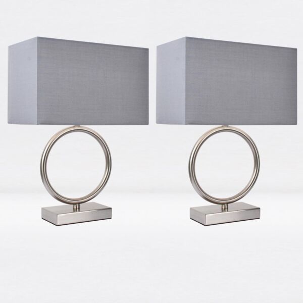 Set of 2 Satin Nickel Hoop Lamps with Grey Shade