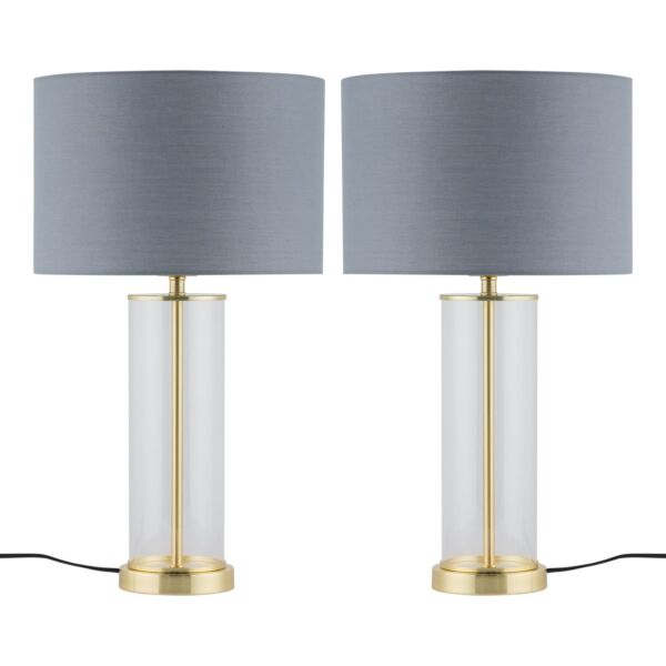 Set of 2 Aura - Satin Brass Lamps with Grey Cotton Shades