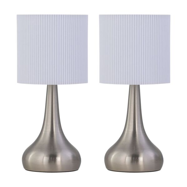 Set of 2 Romana - Brushed Chrome Touch Operated Table Lamps Bedside Lights White Pleated Shade