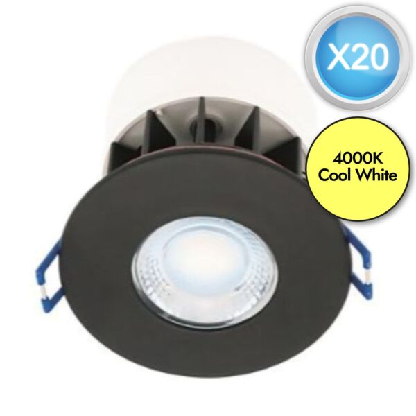 Set of 20 Fire Rated LED Bathroom Downlights - Matt Black IP65 Recessed Downlights