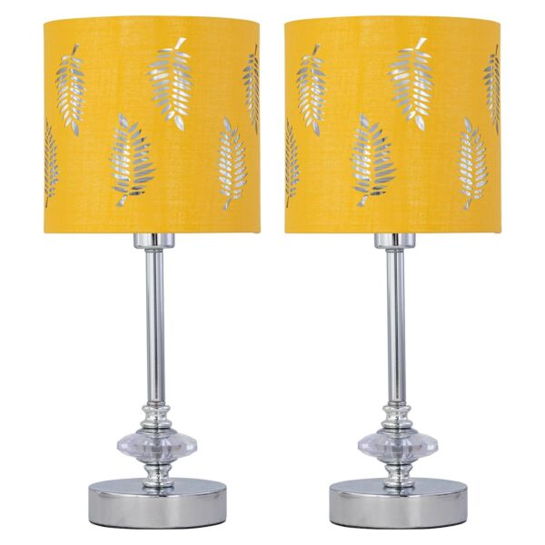 Set of 2 Chrome Jewelled Table Lamps with Ochre Mustard Fern Shades