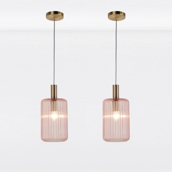 Set of 2 Blush Pink and Gold Fluted Glass Design Pendant Fittings