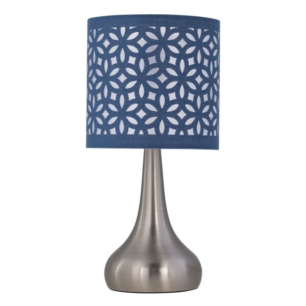 Romana - Brushed Chrome Touch Operated Table Lamp with Navy Blue Laser Cut Shade