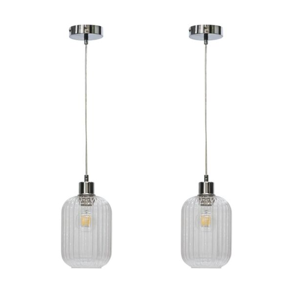 Set of 2 Batley - Clear Ribbed Glass with Chrome Pendant Fittings