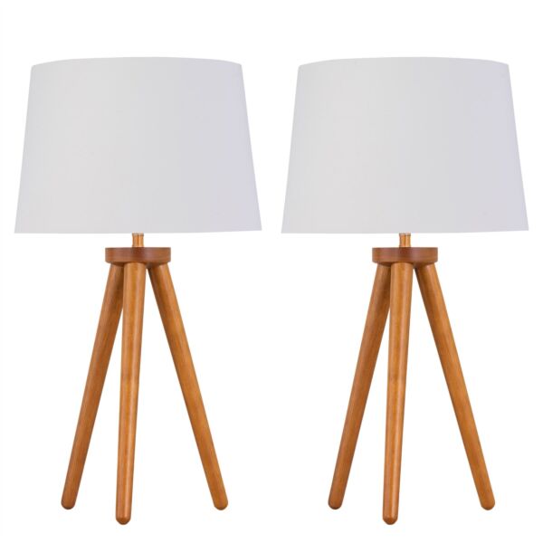 Set of 2 Dark Oak Table Lamp or Bedside Lights with White Gold Shades